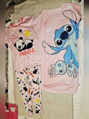 Lot of 2 Girls Size 10 Pajama Sets | Panda & Stitch Short Sleeve PJs Like New